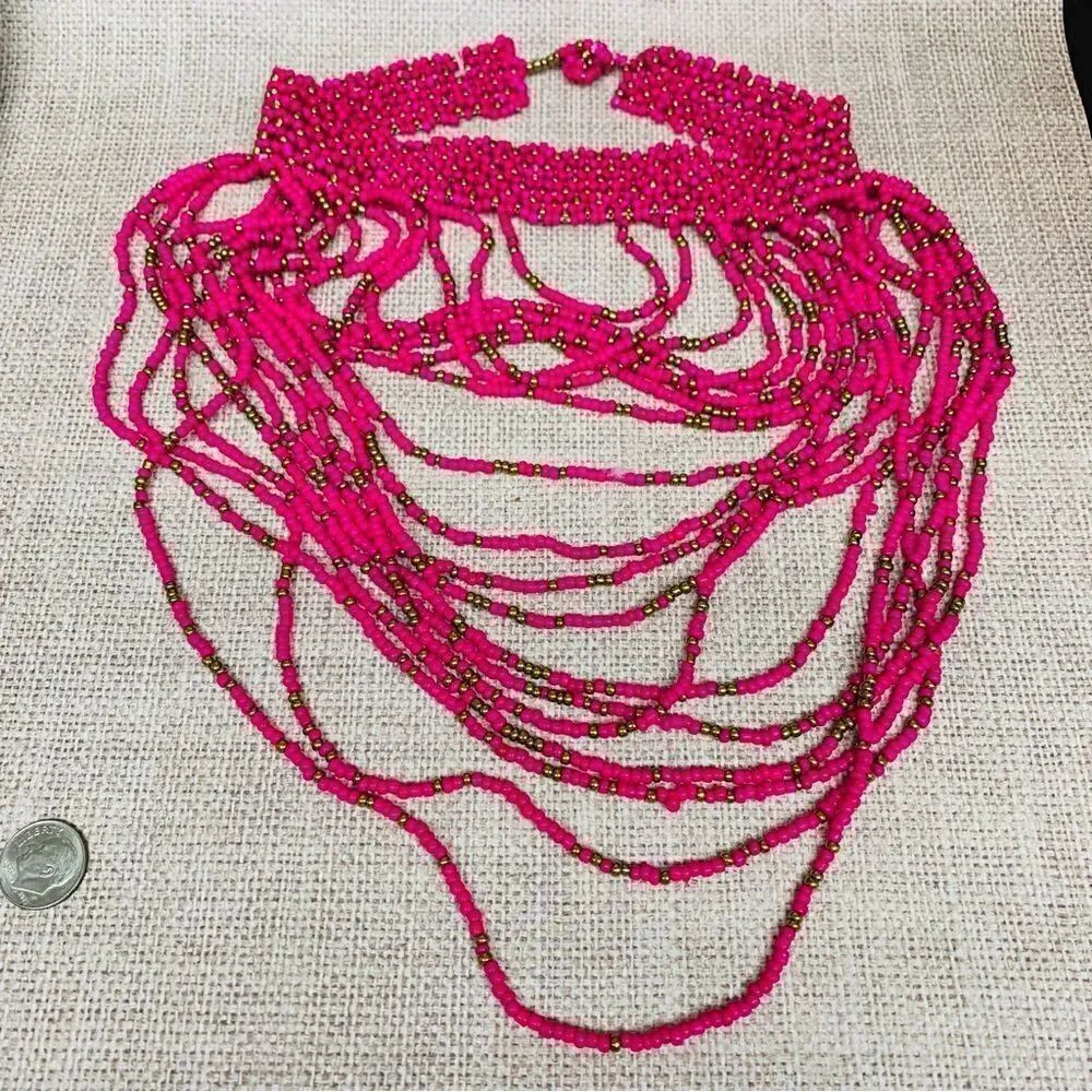 Pink and Gold Bead Choker Bib Necklace
